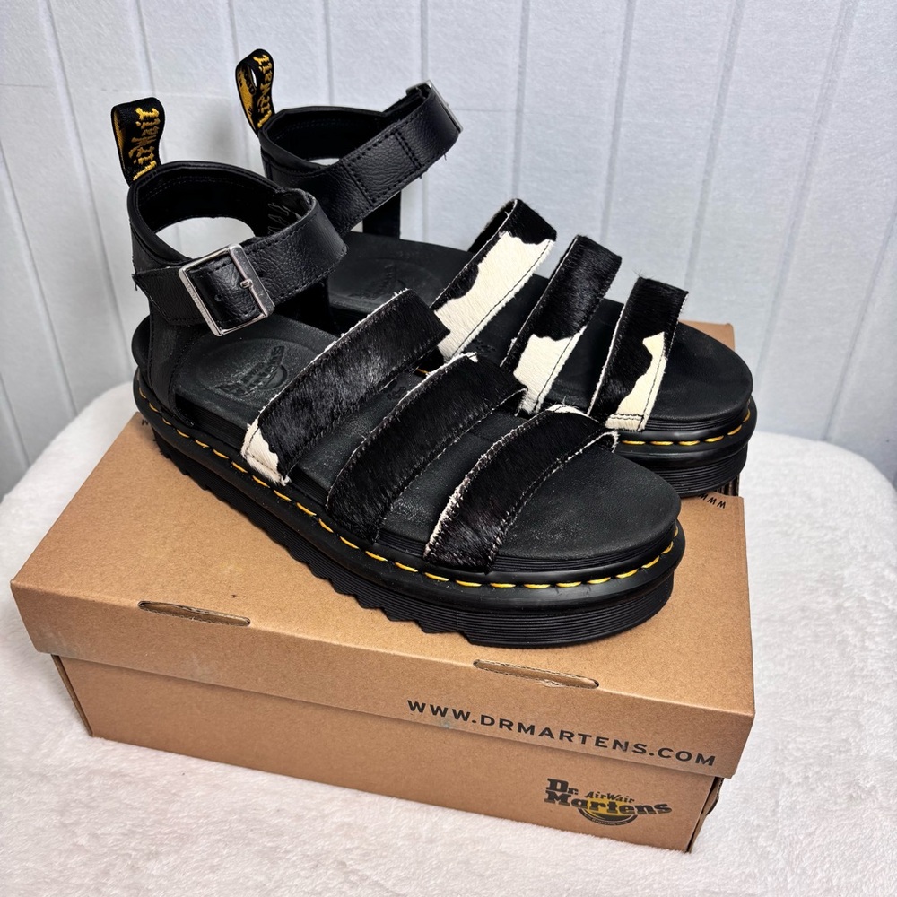 Dr. Martens Black and White Calf Skin Leather Platform Strappy Sandals